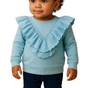 French Connection Kids 2T Light Blue Eyelet Ruffle Front Crewneck Sweatshirt NWT